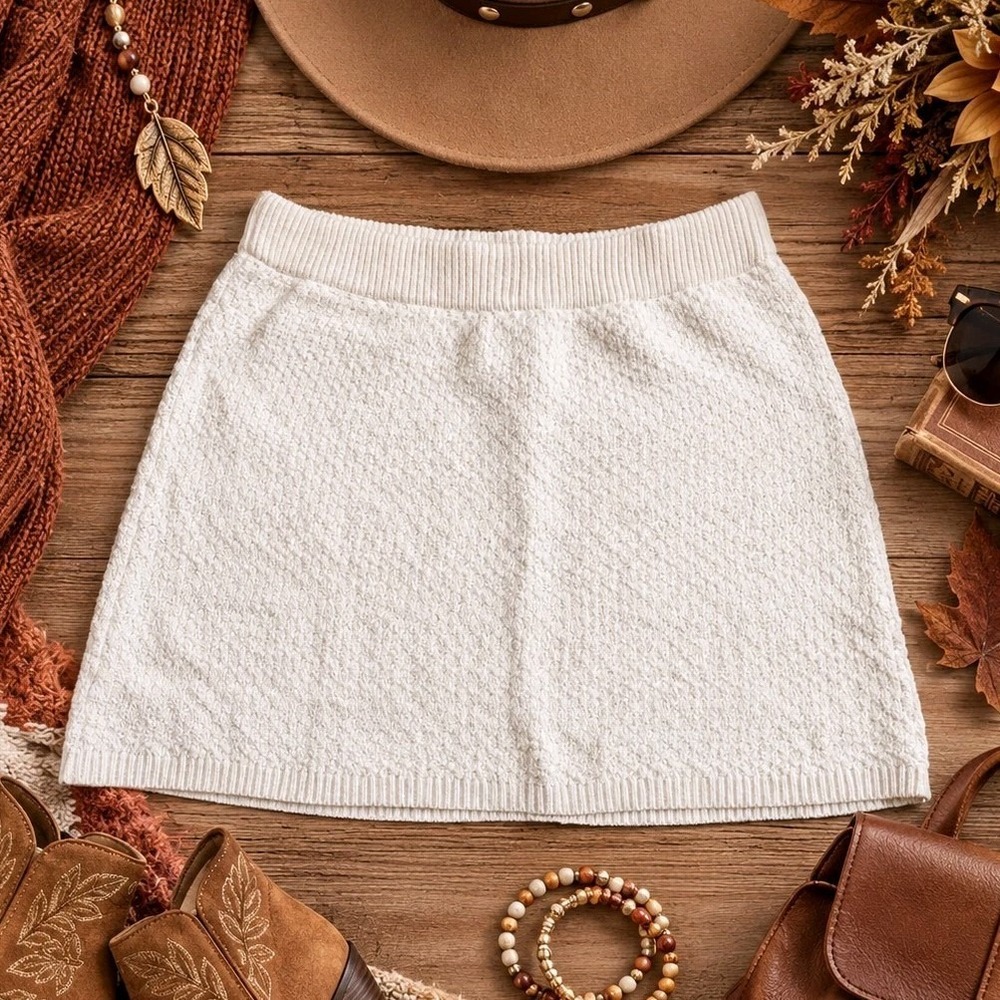 Cream Knit Mini Skirt Womens L Textured Elastic Waist Cozy Preppy Winter Lounge
